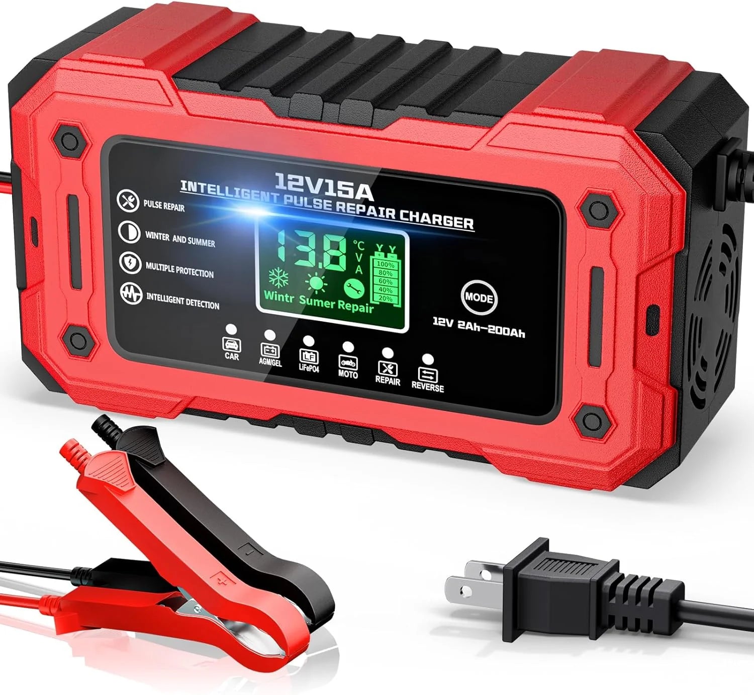 [PROMO] Cargador Inteligente 15A 12V para Batería de Auto - Carga Rápida, Repara y Mantiene con Pantalla LCD