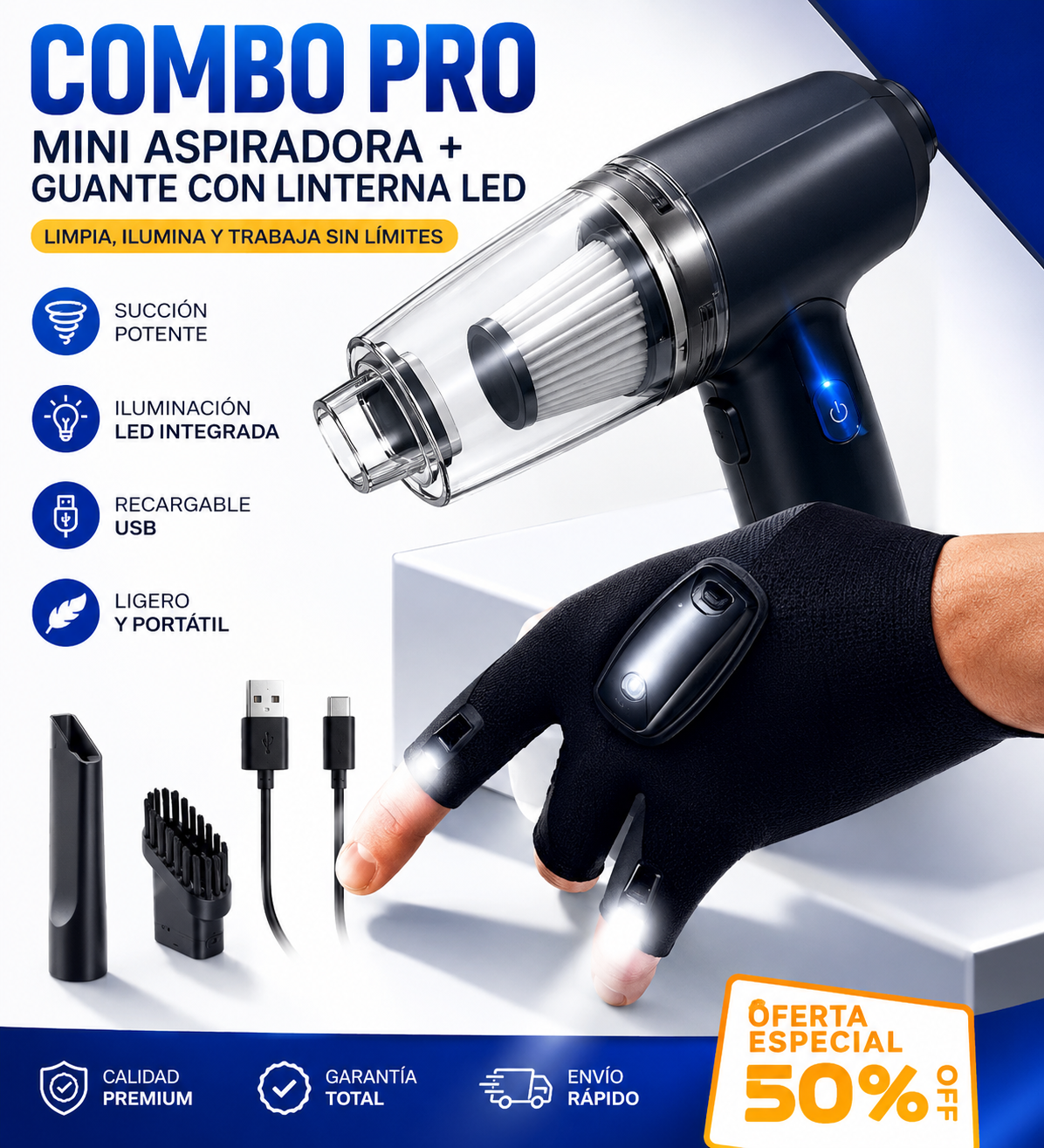 Combo Premium para el Hogar: Mini Aspiradora Portátil + Guantes con Luz LED