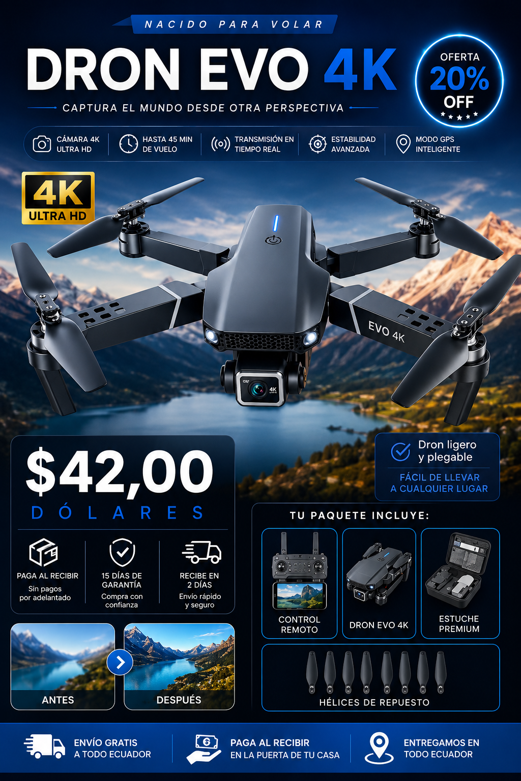 [OFERTA] - Dron E99 Max Sky Vision 4K + DOBLE BATERÍA + CONTROL PANTALLA CELULAR