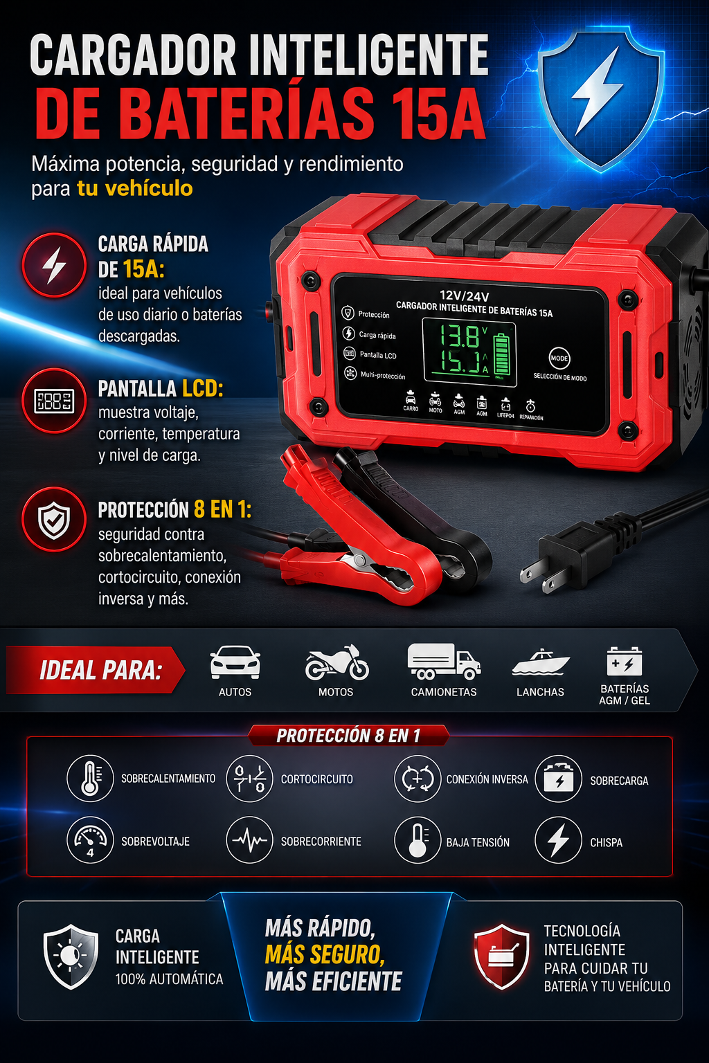 [PROMO] Cargador Inteligente 15A 12V para Batería de Auto - Carga Rápida, Repara y Mantiene con Pantalla LCD