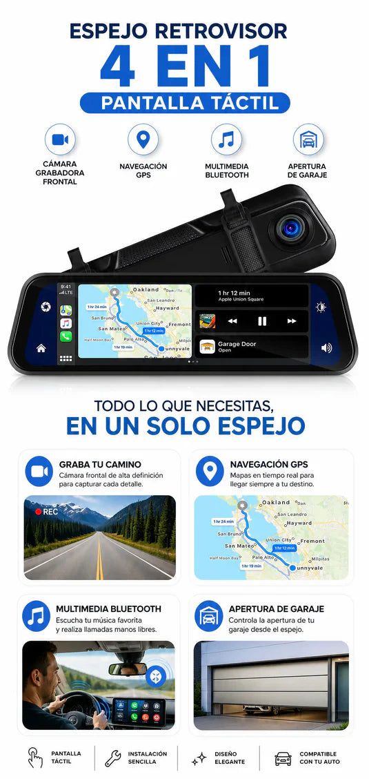 Espejo retrovisor 4 en 1 Pantalla Táctil🚗✨